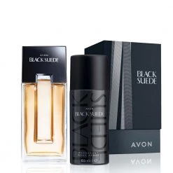 Avon Cosmetics Black Suede Aftershave Set